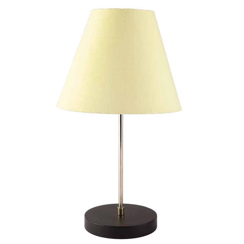 Image of Silver Table Lamp with Handmade Conical Pale Yellow Shade, Minimalist Design, for Couple Dinner /Coffee Table /Restaurant /Bedroom, On /Off Switch Long Wire
