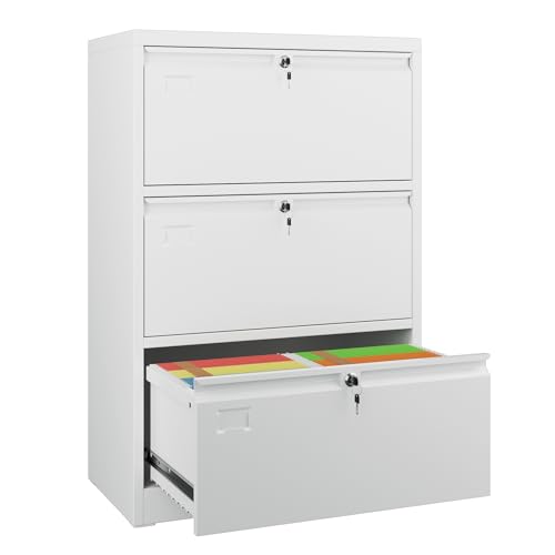 GangMei Metal Lateral File Cabinet with 3 Drawers,Wide Metal Filing Cabinet with Lock,Metal File Cabinet for Letter/Legal/A4, Assembly Required,White