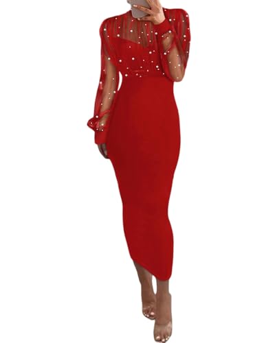 CHICME Women's New Year Eve Red Dress Sexy Bodycon Midi Dress Mock Neck Long Sleeve Sheer Dresses Beaded Night Club Party Dresses Red-L
