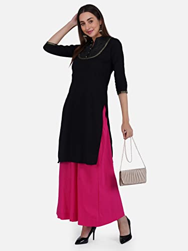 Image of fabcoast Loose Fit Palazzo Pants for Women A-Line Flared Wide Leg Summer Ethnic wear Pure Cotton Cambric with Full Elastic Waistband and 2 Side Pockets