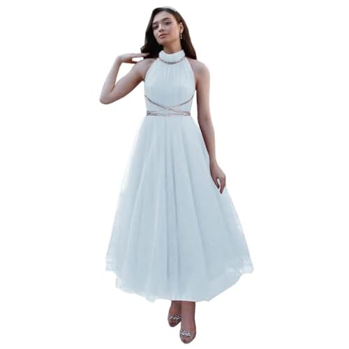 Women’s Halter Neck Prom Dresses Tulle Evening Gowns Sleeveless Beaded Homecoming Dresses Long One Size Light Blue