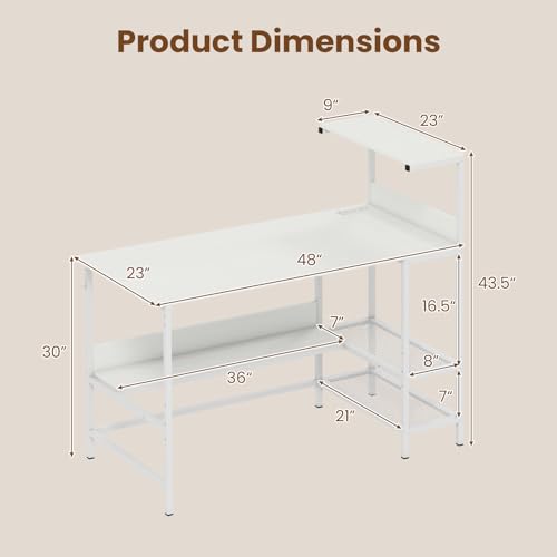 Image of Tangkula 48 inch Reversible Computer Desk with Bookshelves, Home Office Desk with Power Outlets, Hook and Storage Shelves, Writing Study Desk for Living Room, Study Room, Office (White)