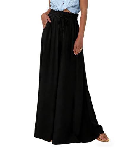 FULOOE Pantalon Femme Été Fluide Pantalons Pantalon Fluide Femme Large Taille Haute Chic et Elegant Pantalon Palazzo avec Poches