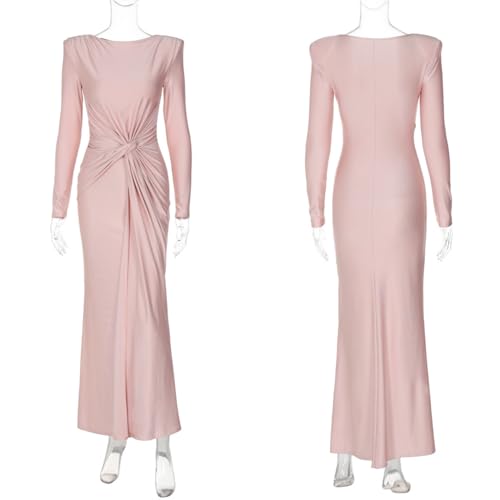 Image of RARITYUS Women's Elegant Knot Ruched Long Sleeve Maxi Dress Shoulder Pads Long Formal Dress Cocktail Evening Party Dress
