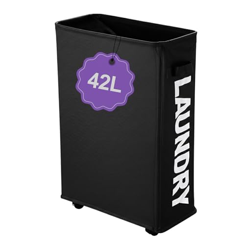 Image of Black Rolling Laundry Hamper, Slim Laundry Basket with Wheels for Small Spaces, 42L Tall Narrow Dirty Clothes Hamper, Collapsible Laundry Bin for Bedroom Dorm Laundry Room