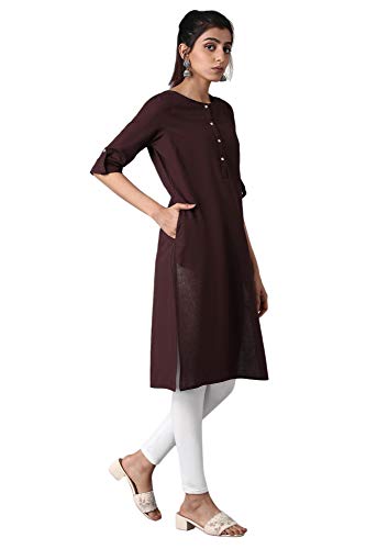 Image of W for Woman Cotton Yellow Solid Mandarin Collar Straight Kurta
