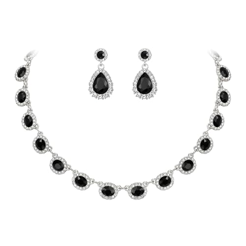 Clearine Prom Costume Jewellery, Oval Crystal Collar Statement Necklace Teardrop Pierced Dangle Earrings Weddding Jewellery Set for Women Bridal Bridesmaids Black Silver-Tone