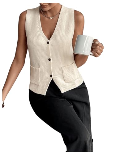 Image of SHENHE Women's Sleeveless V Neck Sweater Vest Button Up Casual Knitwear Outfits with Pockets Beige X-Small