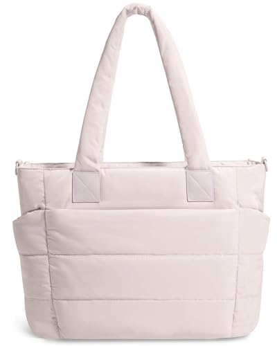 Tote Bag for Women Puffer Tote Bag Large Quilted Nurse Bag with Zipper for Work Travel (Beige)