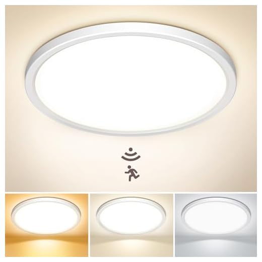 NIBSHOOM LED Deckenlampe mit Bewegungsmelder, 3000K/4000K/6500K 18W IP44 Wasserfest Deckenleuchte Innen, mit Radar Bewegungssensor und Dämmerungssensor Lampe für Flur Bad Treppe Balkon Garage, 22cm