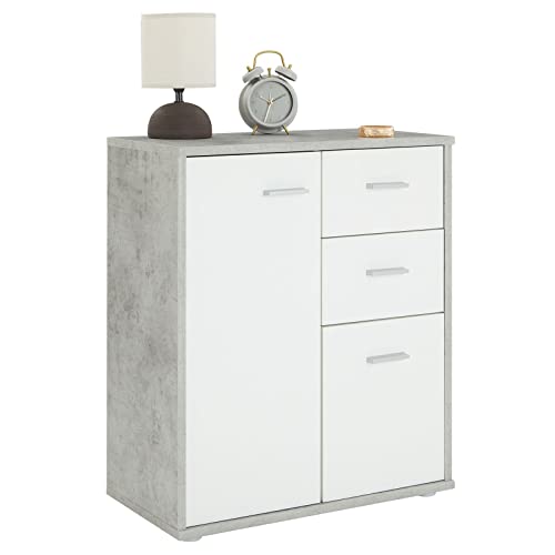 CARO-Möbel Kommode Locarno mit 2 Türen und Schubladen, modernes Highboard Bürokommode in Betonoptik/weiß