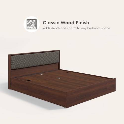 Image of Interio by Godrej Bed, Eden V2 Queen Size Engineered Wood Bed with Pullout Storage, 1-Year Warranty, Walnut, Particle Board