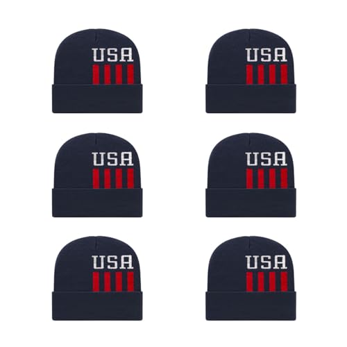 Cap America RKUSA12 6-Pack Patriotic USA Flag Design Acrylic Blend Made in USA Knit Cap with Cuff | Bulkpack Available(True Navy/White/True Red)