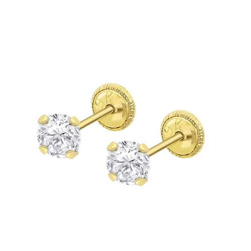 TIME ROAD Pendientes Bebé Niña de Oro 9K HIN00158/4 - Cierre Seguro de Rosca - Pendientes de Corazón 4 mm - Infantil 3, 6, 12 a 24 meses - Ideal como Regalo de Nacimiento, Bautizo o Cumpleaños