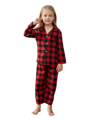 Schbbbta Kids Plaid Pajamas Set, Girls Boys 2 Pcs Pajamas Set Long Sleeve Sleepwear Button Down Pjs Red Black4