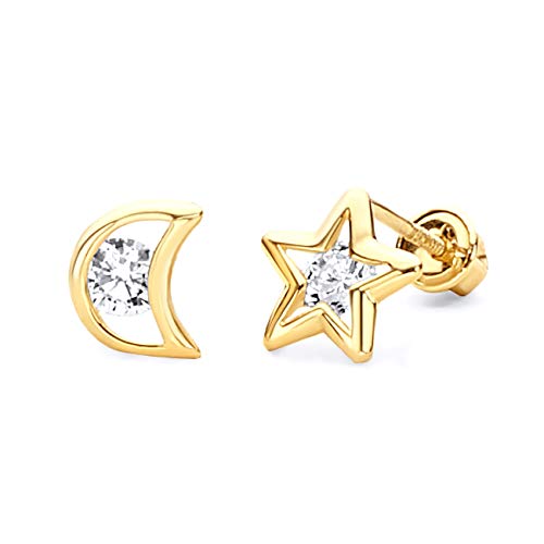 14k Yellow Gold Open Star and Moon Stud Earrings with Screw Back