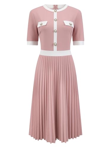 Image of Hobemty Women's Short Sleeve Pleated Dress 2025 Trendy Contrast Color Casual Work A-Line Midi Dresses