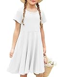 Arshiner Girl Dresses Size 10-12 Summer Twirly White Dress T Shirt Solid Basic Cotton Classic Pocket