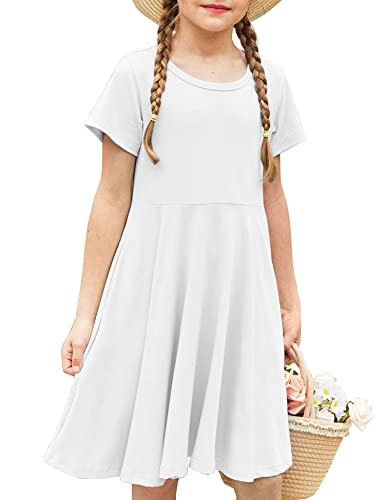 Arshiner Girl Dresses Size 7 Summer Twirly White Dress Tshirt Solid Basic Cotton Classic Pocket Holiday School Party Dress 8 9 #TOP28