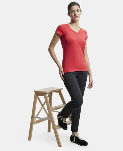 Image of Jockey UL03 Women's Super Combed Cotton Elastane Stretch Slim Fit Solid V Neck Henley Styled Half Sleeve T-Shirt