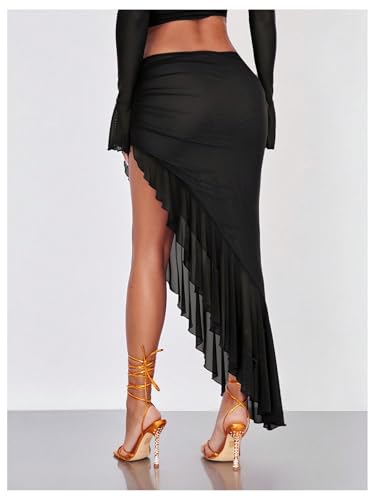 Verdusa Women's Club Outfits Asymmetrical High Slit Mesh Long Skirts Ruffle Hem Ruched Flowy Bodycon Skirt2