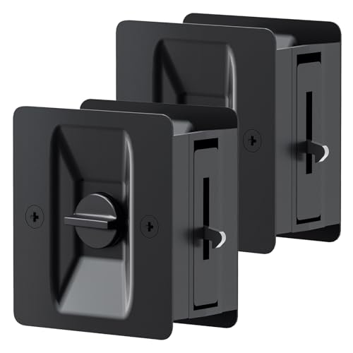 Matte Black Pocket Door Lock, 2-Pack Privacy Pocket Door Hardware, Pocket Door Handles, Pocket Door Lock Latch with Pull, 2-3/4’’x2-1/2’’, for 1.38’’-1.77’’ Thickness Door