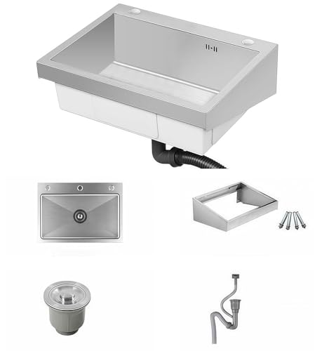 KoiFlow ステンレス製壁掛け式 キッチンシンク 流し台 厚みあり 堅めのシンク シングル シンクセット 錆びず 大容量 手作り家庭用 野菜洗面器 実験室用水槽 深型水槽 耐熱 台所 工場 農園 洗い物に適用 6545-A