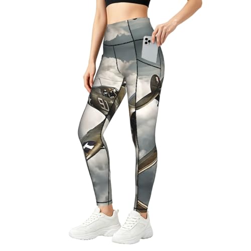 Legging fitness doux pour femme avec poches latérales et motif avion militaire