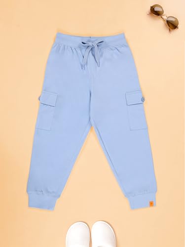 Image of KiddoPanti Boys Cotton Joggers | 100% Cotton Single Jersey | 2 Side Cargo Pockets with Flap | Elasticated Waist Band with Functional Drawcord | Soft & Breathable Track Pants