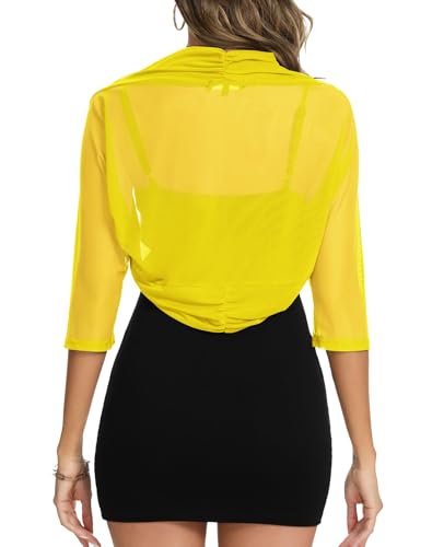 Image of MINTLIMIT Women's Elegant Sheer Mesh Shrug Bolero Batwing 3 /4 Sleeve Open Front Cropped Cardigan Shrugs for Evening Dress