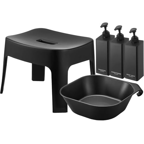 山崎実業(Yamazaki) マグネット風呂イス 座面高25cm + マグネット&引っ掛け湯おけ Lサイズ + たっぷり洗剤が出るマグネットディスペンサーボトル 3本セット 【5点セット】 ブラック タワー tower 6926 1563 1533 153