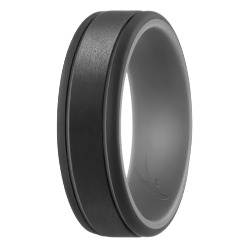 ROQ Silicone Rubber Wedding Ring for Men, Comfort Fit, Men's Wedding Band, Breathable Rubber Engagement Band, 9mm Wide 2mm Thick, 2 Thin Lines Duo Collection, Single, Grey & Black, Size 9