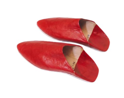 Babouche marocain Pantoufles en cuir naturel avec semelle plate pour femme, babouche traditionnelle tout cuir pour la maison, Rouge, 38 EU