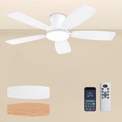 Image of JSAITEE Ceiling Fans with Lights, 42 Inch Low Profile Ceiling Fan with Light and Remote Control, Flush Mount, DC Reversible Motor, Noiseless, White 6 Speeds Ceiling Fan for Bedroom
