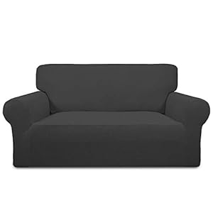 PureFit Stretch Loveseat Sofa Slipcover–Spandex Jacquard Non Slip Soft Couch Sofa Cover Washable Furniture Protector with Non Skid Foam and Elastic Bottom for Kids Loveseat Dark Gray