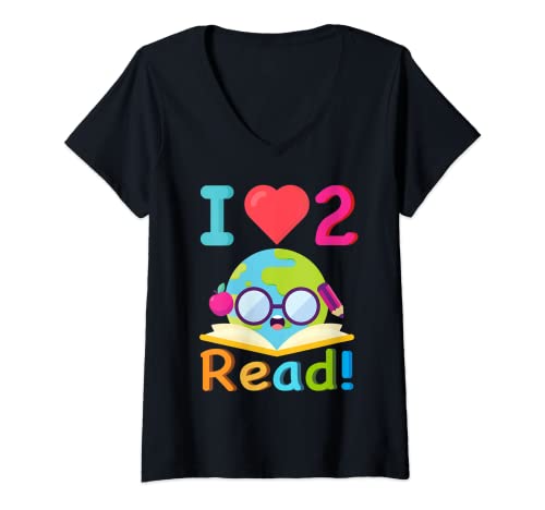 Femme Love Reading Books I Love To Read Cute Heart Reading 2 T-Shirt avec Col en V