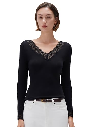 SUUKSESS Cloud Cashmere Women Basic Tops V Boat Neck Lace Long Sleeve Shirt