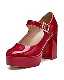 Coutgo Mary Jane Shoes Women Wine Red Platform Heels Patent Chunky Dress Shoes