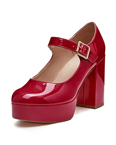 Coutgo Mary Jane Shoes Women Wine Red Platform Heels Patent Chunky Dress Shoes