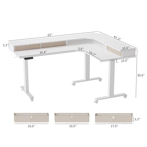Image of FEZIBO Triple Motor 63 inch L Shaped Standing Desk with 3 Drawers, Electric Standing Gaming Desk Adjustable Height, Corner Stand up Desk with Splice Board, White Frame /White Top