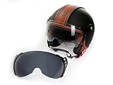 Poids du casque : 1050g (+/-50 g) – Couleur : noir mat + cuir (Marron) – Visière : transparente et teintée – Matériau des visières : Polycarbonate anti-rayures – Matériau du casque : plastique ABS, EPS – Certifié ECE, taille M (57–58 cm de tour de tête).
