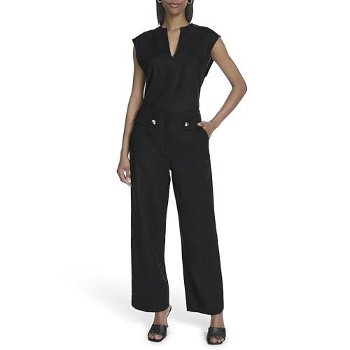 H HALSTON Women's Straight Leg Linen Faux Belted Pant2