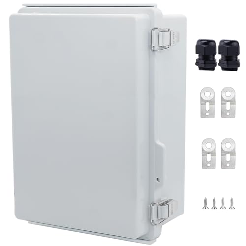 IP67 Waterproof Junction Box, ABS Plastic Electrical Enclosure with Stainless Steel Latch, Hinged Cover Electric Box with Mounting Plate, Wall Brackets &amp; Cable Glands 290x190x140