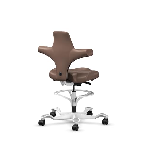 Image of HAG Capisco Sit to Stand Chair-White Frame-Upholstered Brown Mahogany Vinyl-with Foot Ring