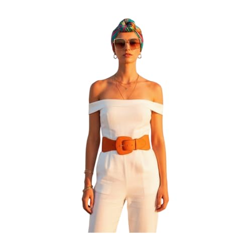 Women’s Orange Wide Elastic Waist Belt Big Buckle Fashion Stretch Band Faux Leather Size S M (27