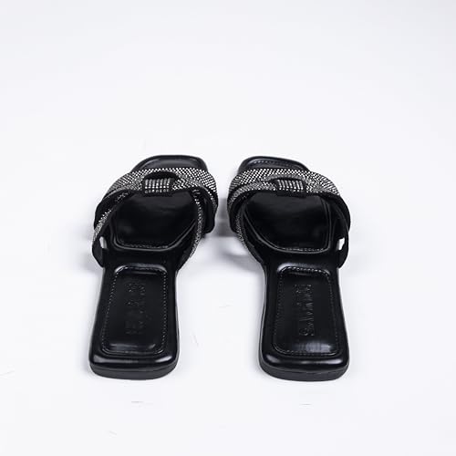 Womens-Flat-Slide-Sandals-Glitter-Bling-Casual-Sandal-Fashionable-Slides-With-Soft-Leather-Rhinestone-Open-Toe-Slides-Slippers-for-Summer-Comfort-Walking-With-Classic-ShoesBlack