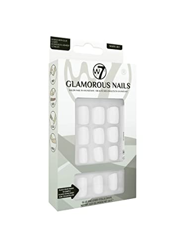 W7 Glamorous Nails - Salon Professional False Nails At Home - Glue Adhesive Included - Square Oval Shape - White Lily
