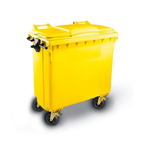 SSI Contenedor de Basura 770L con Tapa Plana - Ruedas con Freno, Desagüe Inferior, Cumple Normativa EN-840, Ideal para Grandes Volúmenes de Residuos y Reciclaje en Exteriores (Amarillo, 770 litros)