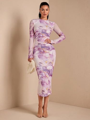 Image of Women's Sexy Round Neck Lounge Long Dress Elegant Long Sleeve Ribbed Bodycon Knee Length Dresses