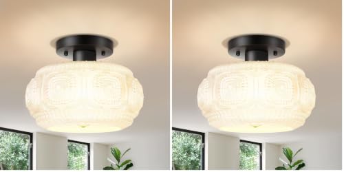 Image of Semi Flush Mount Ceiling Light, Milk Glass Shade Modern Ceiling Light Fixture, Vintage Black Lighting for Hallway Bedroom Entryway Kitchen Porch (Pack of 2)